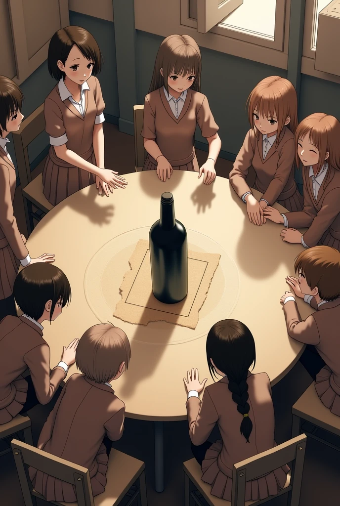 I want you to create some students around a circular table and put a black bottle in the middle of the table., standing. Students must be in their school uniforms. Girls with a pleated skirt that reaches halfway down their legs and is brown in color, a long-sleeved button-down blouse and a brown jacket or coat over it. Men with long brown pants, white long sleeve button down shirt and brown jacket. Algunos estudiantes están encimas de sus sillas y otros standing y otros sentados. And below the bottle there is a circular cardboard with options. The image must be aesthetic, with effects, 3D, and from the angle of a sitting student. 