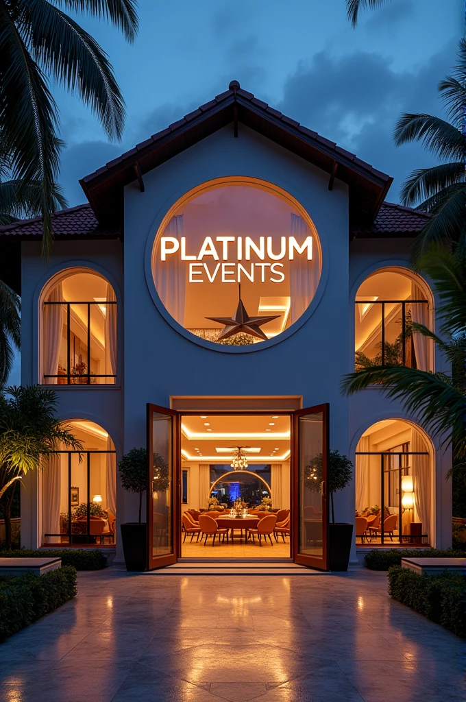 Casa de show, with glass windows, large area in front with some chairs and tables, large circular sign above the entrance door reading Platinum Events, large open entrance door, circular shaped windows, unrealistic, drawn, small sign on the wall next to the entrance saying no drinks, indoor party, events house, coconut trees outside, lights, natta, parties, animadas, sound box, huge hall inside, party going on , floodlight lights , people dancing in the countryside 