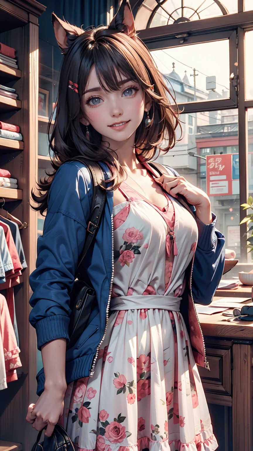 special_Week_(umamusume), fudangi, Hair Clip, Blue jacket, Open jacket, Printed dress, Pink Dress, Window Shopping, Small breasts, High resolution, Upper Body, smile, White backpack, alone, Beastly