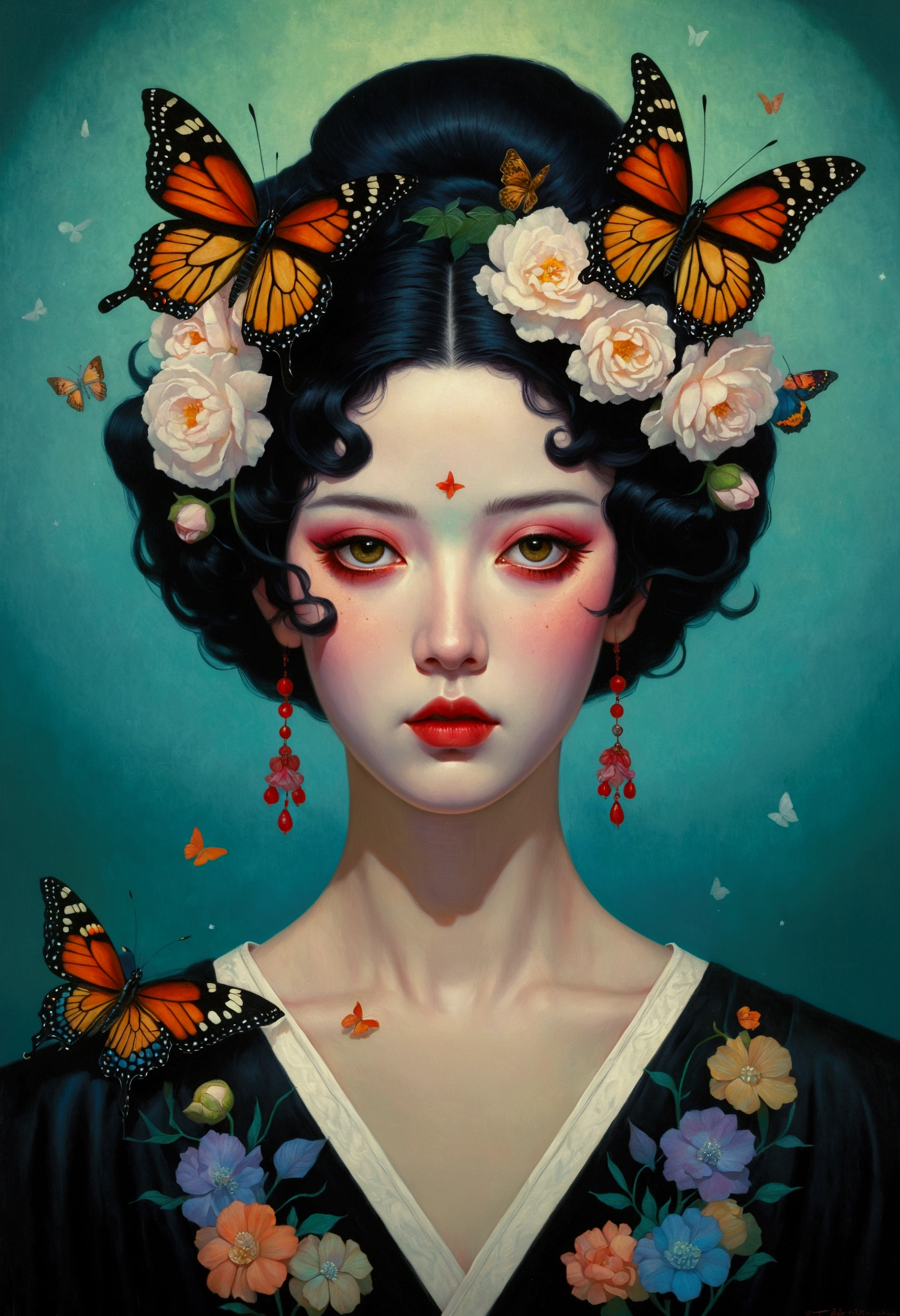 The painting shows a woman wearing a butterfly headdress，Woman with flowers in her hair, Tom Bagshaw创作的一幅精美艺术画作, Winner of the Behance competition, Pop surrealism, 穆夏·克里姆特和Tom Bagshaw, Tom Bagshaw风格, Tom Bagshaw肖像, author：Tom Bagshaw and boris vallejo, Tom Bagshaw 艺术风格, Art by Tom Bagsha, author：Tom Bagshaw