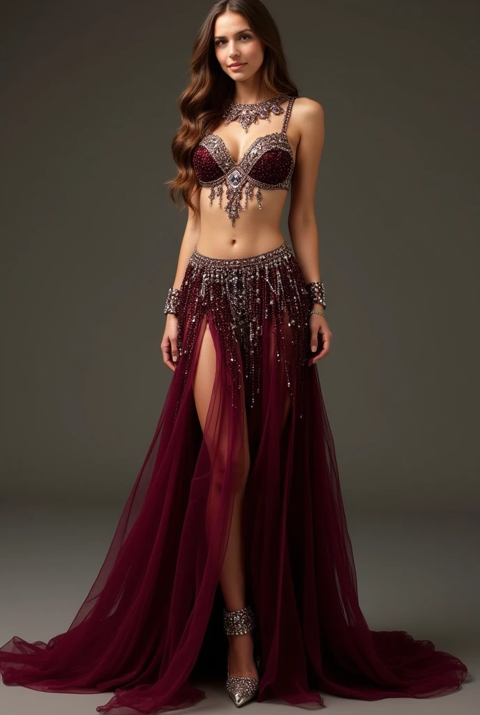 The outfit in the image is a luxurious and elegant ensemble in a deep burgundy color. The top is a bra-style piece adorned with shimmering embellishments and intricate beaded details, particularly around the neckline and under the bust, forming ornate patterns that highlight the wearer’s curves. The skirt is semi-sheer, with multiple flowing layers split at the sides to reveal the legs, while cascading beads and sequins add a regal, sensual vibe. The style is reminiscent of high-fashion, belly dance-inspired attire, blending opulence and allure. Pairing the outfit with sharp, stiletto high heels in a matching burgundy, possibly featuring gemstone-adorned straps or metallic accents, would complete the glamorous look. The pointed toe and sleek design of the heels would further enhance the outfit, adding height and polish for a striking, ultra-glamorous appearance.