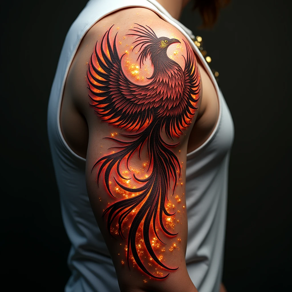 detailed phoenix bird tattoo, beautiful ornate phoenix, intricate phoenix feather patterns, phoenix bird with detailed feather textures, phoenix bird with flowing feathers, phoenix bird with vibrant colors, phoenix tattoo with intricate designs, phoenix tattoo with bold lines, phoenix tattoo with realistic details, phoenix tattoo with shimmering effects, phoenix tattoo on back, phoenix tattoo with mythical elements, phoenix tattoo with dramatic lighting, phoenix tattoo with a sense of motion, phoenix tattoo with a striking composition, (best quality,4k,8k,highres,masterpiece:1.2),ultra-detailed,(realistic,photorealistic,photo-realistic:1.37),digital art,fantasy art,concept art,cinematic lighting,dramatic lighting,vibrant colors,highly detailed