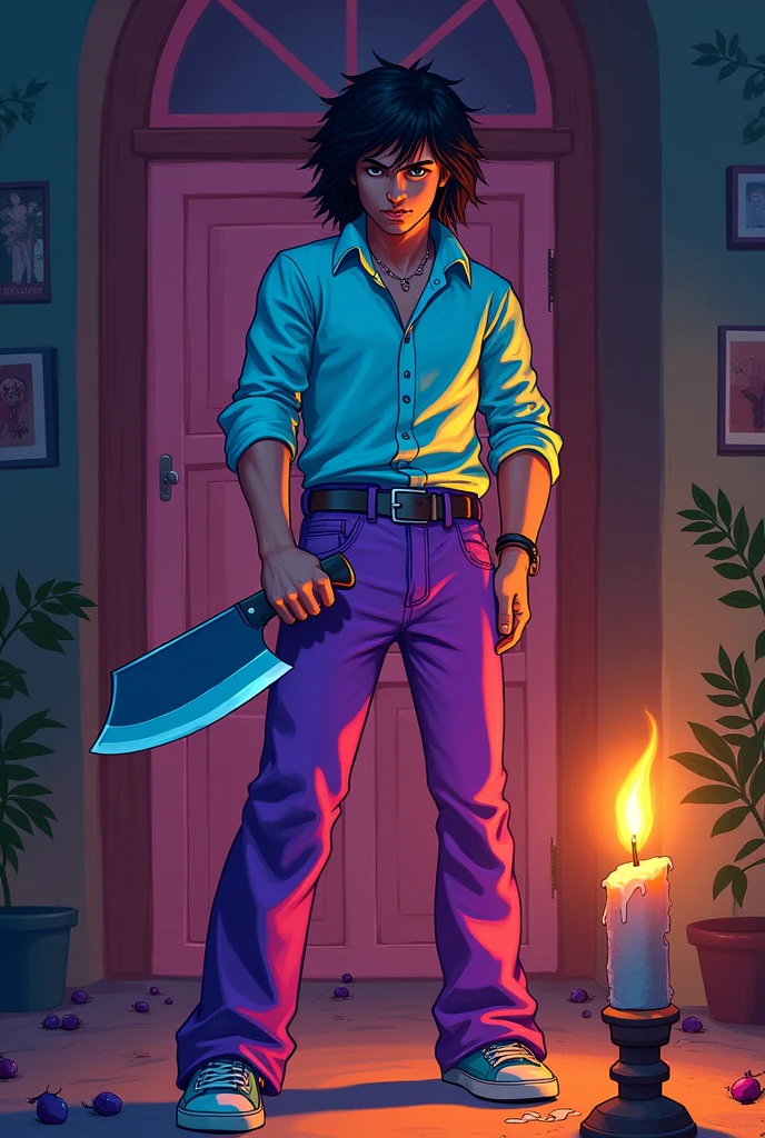 Character with a machete, purple pants and a light blue shirt illuminated by a candle in Friday night funkin' style
