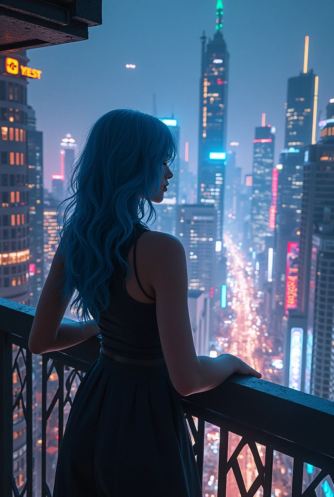 woman. blue hair. stands on the balcony of a cyberpunk city. night. realistic