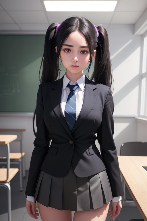 1girl, beautiful young woman, long black hair, twin tails, blue blazer uniform, tie, tight skirt, knee socks, standing in anatomy club room, gazing at viewer, sweet expression, human body drawings on blackboard, (best quality,4k,8k,highres,masterpiece:1.2),ultra-detailed,(realistic,photorealistic,photo-realistic:1.37),anatomy,scientific,precise,hyper-realistic,intricate details,vivid colors,cinematic lighting,volumetric lighting,depth of field,photo-realistic rendering