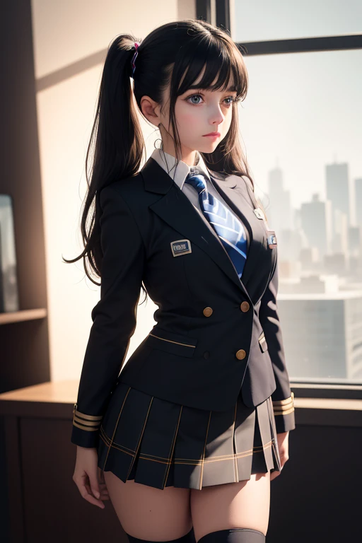 1girl, beautiful young woman, long black hair, twin tails, blue blazer uniform, tie, tight skirt, knee socks, standing in anatomy club room, gazing at viewer, sweet expression, human body drawings on blackboard, (best quality,4k,8k,highres,masterpiece:1.2),ultra-detailed,(realistic,photorealistic,photo-realistic:1.37),anatomy,scientific,precise,hyper-realistic,intricate details,vivid colors,cinematic lighting,volumetric lighting,depth of field,photo-realistic rendering