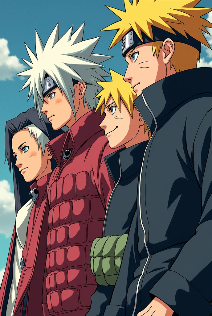 Comics, 5 older konoha hokages, Tobirama, smiling Hashirama, Minato with yellow hair, stern madara, cool, detailed