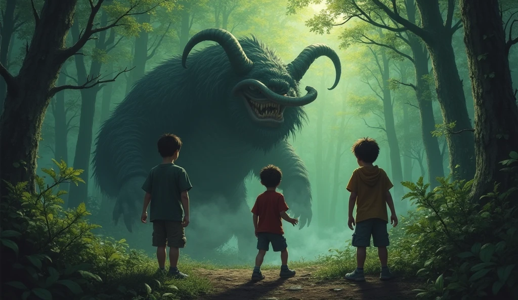 3 boys counter a beast in the forest.