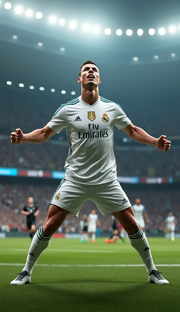 Photorealistic, 64K, A realistic christiano ronaldo [wearing real madrid soccer jersey number 7] standing up celebrating his iconic celebration goal, both his leg opened wide, and he also opened wide his arm, in stadium background