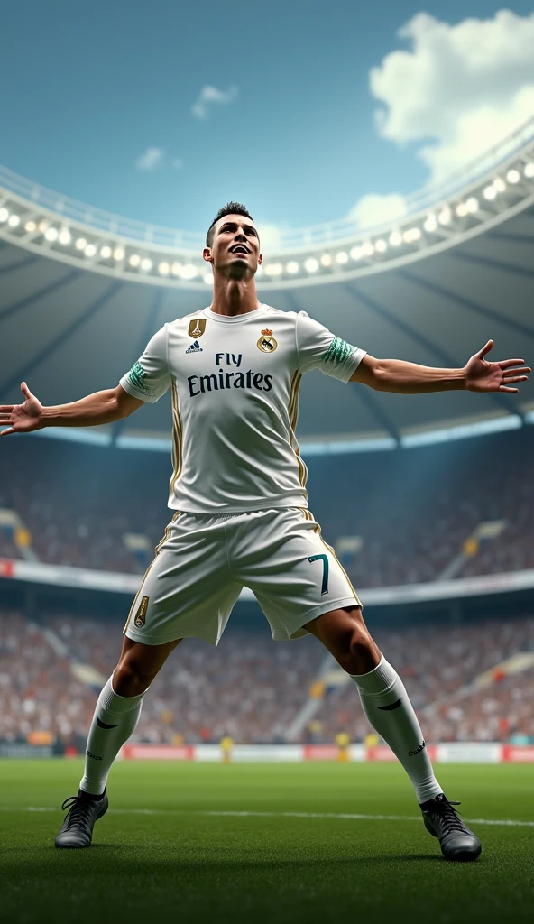 Photorealistic, 64K, A realistic christiano ronaldo [wearing real madrid soccer jersey number 7] standing up celebrating his iconic celebration goal, both his leg opened wide, and he also opened wide his arm, in stadium background
