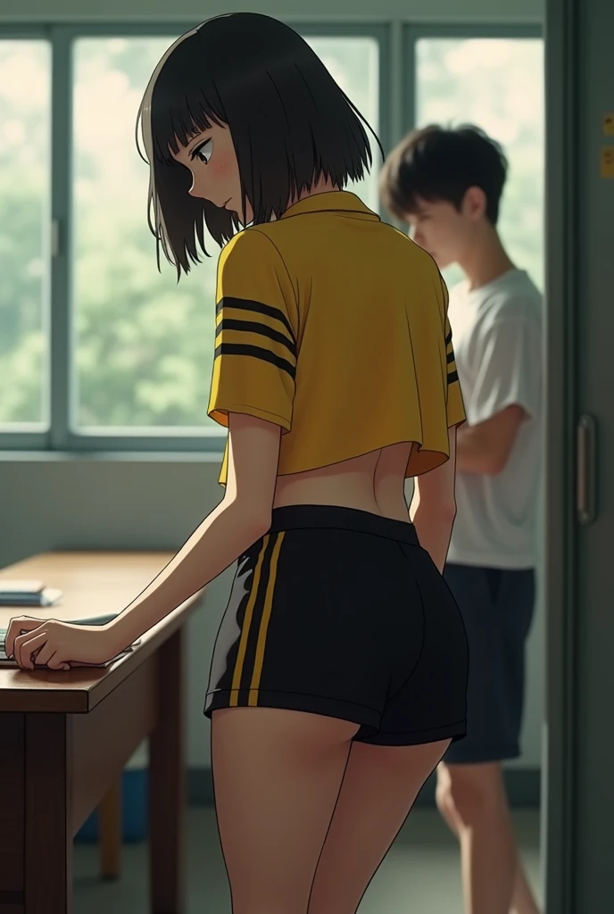 Generates a video of a girl with short hair and a yellow shirt with black stripes on the short sleeves of the uniform with black physical education shorts and bends down and looks at herself from behind very sexy seen from behind with her black shorts made of synthetic material with yellow stripes on the sides, big ass seen from behind picking up a book looking down with her head forward and a boy looks at her sexily from behind watching her picking up her books and the boy grabs her buttock and the girl looks at him blushing