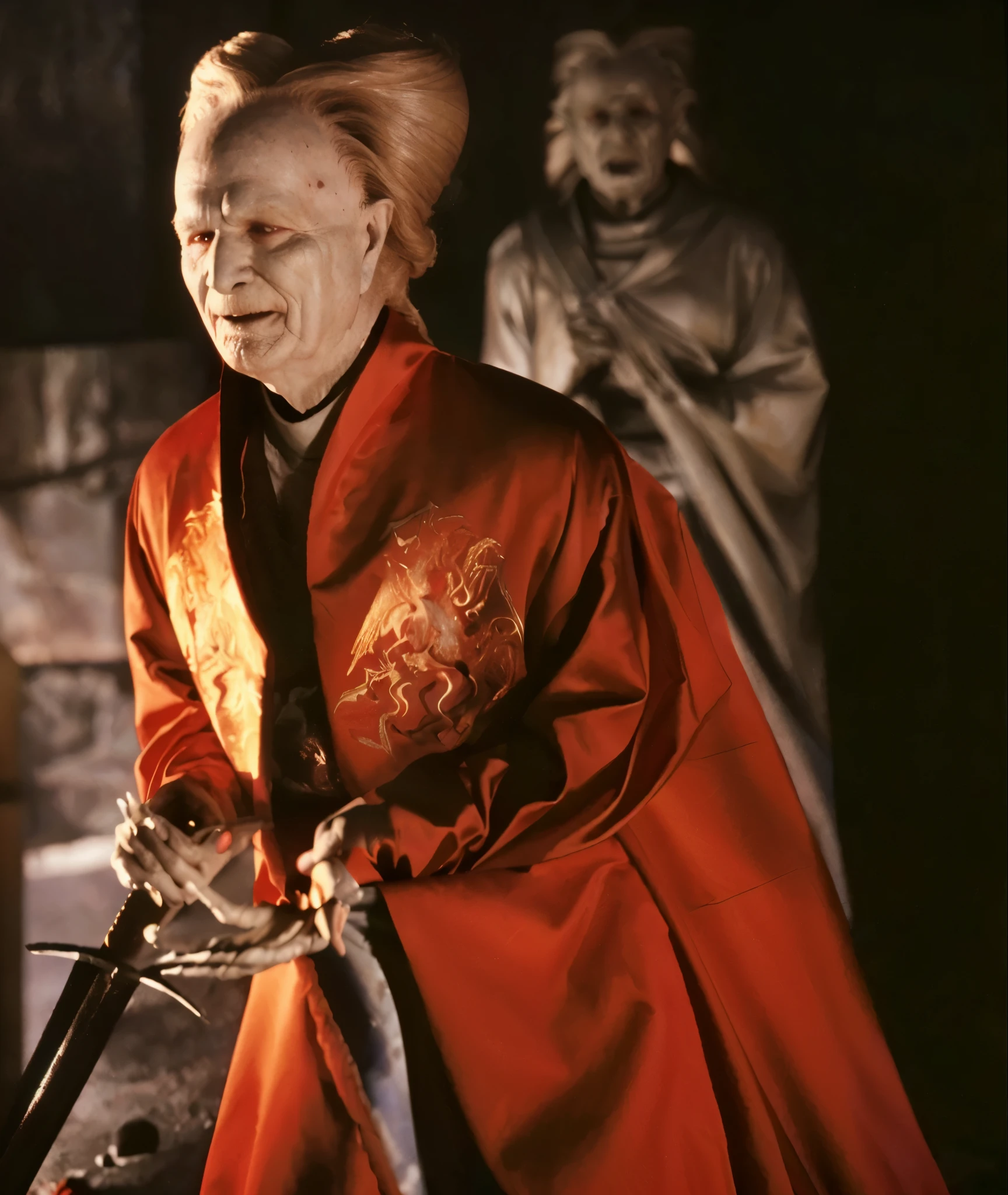 A man wearing a red robe and holding a sword stands in front of a statue, Marlon Brando(Baron Harkonnen), Christopher Lloyd(Belial), Rupert Murdoch as the devil, Bruce Willis(Samurai), Dangerous Mephisto from Faust, Stills from the film, Dressed in a red robe, Christopher Walken Super Saiyan, Hotei is on the table