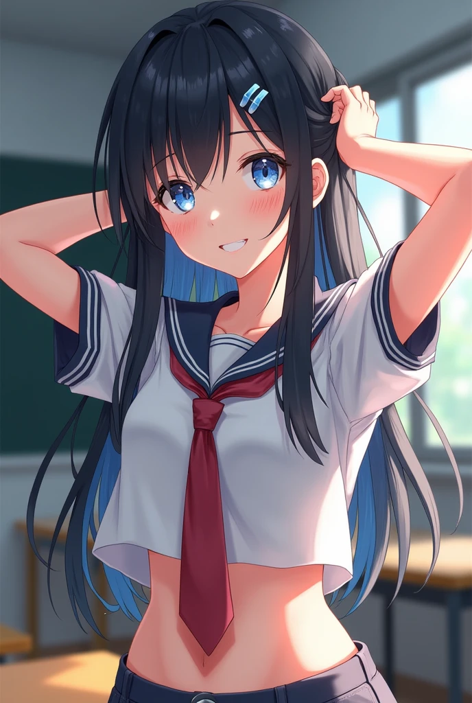 (masterpiece, Official Art), One girl, Black Hair, blue eyes, hair ornaments, Hair Clip, (school uniform), (shirt), (tie), (no skirt), (Wet), (Upper Body), (close), (Huge breasts), No bra , no panty、sunlight,classroom、 View Viewer, Grin, Fascinating, blush, Attractive clothing, (close), (Place your hands behind your head), (Upper Body), Short Bob