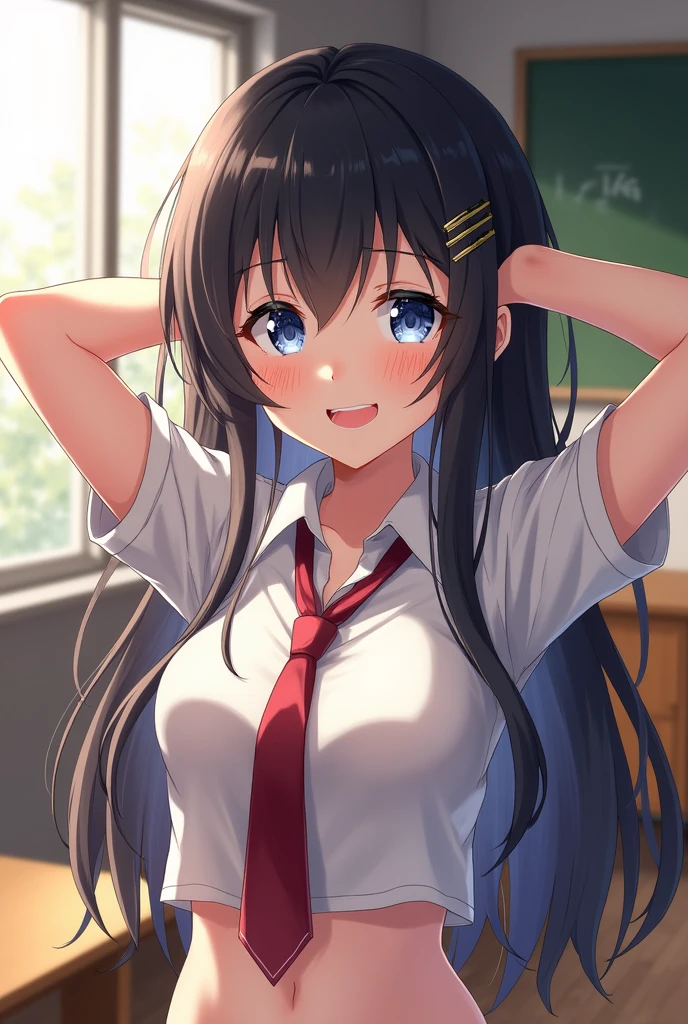 (masterpiece, Official Art), One girl, Black Hair, blue eyes, hair ornaments, Hair Clip,  (school uniform), (shirt), (tie), (no skirt), (Wet), (Upper Body), (close), (Huge breasts), No bra , no panty、sunlight,classroom、 View Viewer, Grin, Fascinating, blush, Attractive clothing, (close), (Place your hands behind your head), (Upper Body), Short Bob