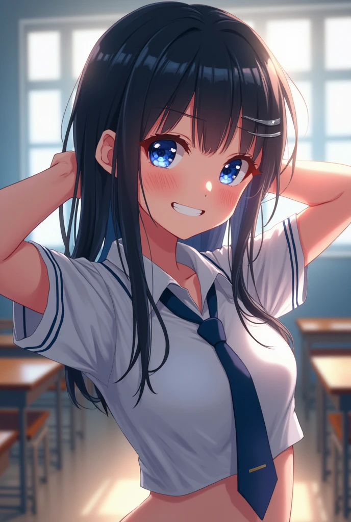 (masterpiece, Official Art), One girl, Black Hair, blue eyes, hair ornaments, Hair Clip,  (school uniform), (shirt), (tie), (no skirt), (Wet), (Upper Body), (close), (Huge breasts), No bra , no panty、sunlight,classroom、 View Viewer, Grin, Fascinating, blush, Attractive clothing, (close), (Place your hands behind your head), (Upper Body), Short Bob