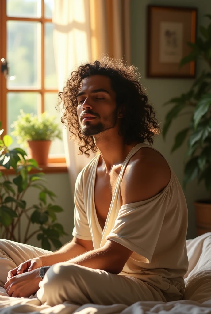 (photorealism:1.2), beautiful man, sitting on bed, wearing loose off-shoulder top, pajama pants, long curly hair, indoors, soft lighting, plants in background, window with sunlight, cozy room, relaxed pose, realistic, intricate details, warm colors, by Greg Rutkowski, by Alphonse Mucha