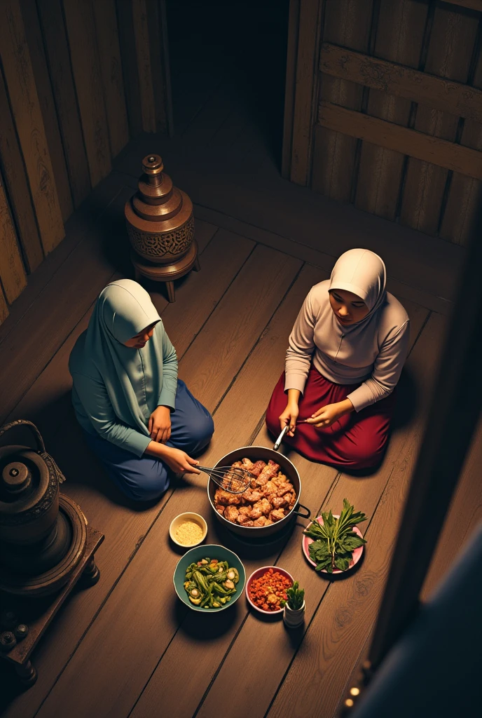 a malay hijab beauty girl wear a shabby shirt and a batik sarong, sitting down on a wooden floor in a wooden kitchen, cutting a vegetable and a meat with her friend, old kettle on stove, a meal in a wok clay stove, old urn,  aerial top angle, at night