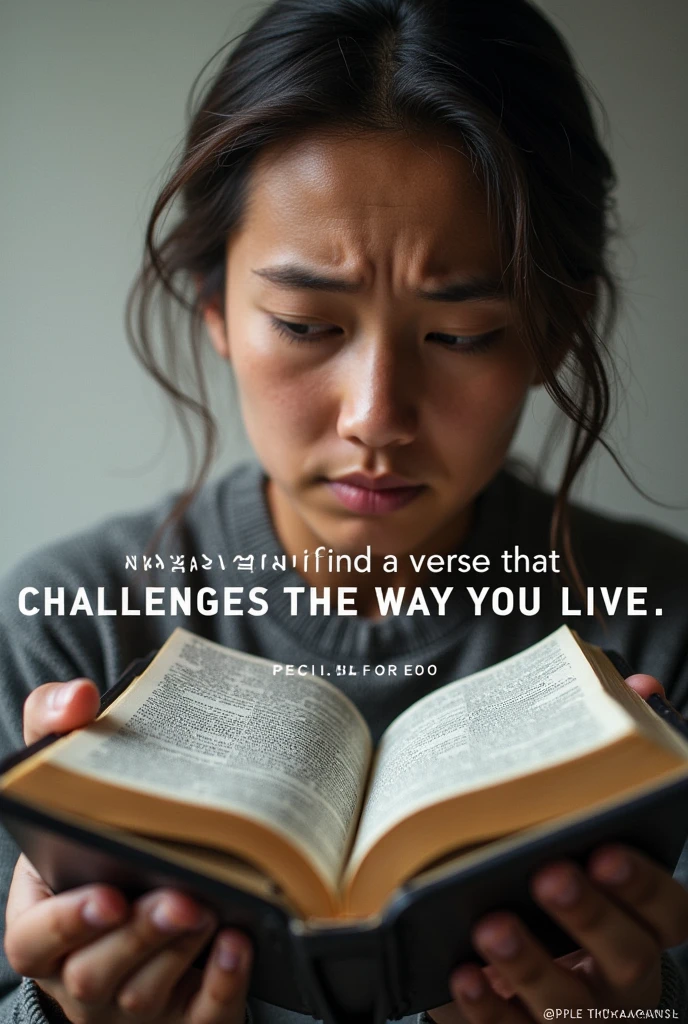Image: A hand holding an open Bible with a doubtful face looking at it.
Top Text: "When you find a verse that challenges the way you live..."
Bottom text: "The Bible does not need to change, you yes."