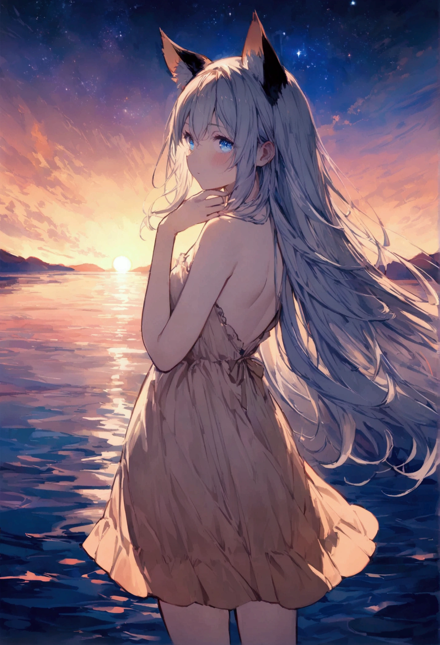 woman, Calm expression, Captivating eyes, Blue Eyes, Wavy long hair, Grey Hair, Black cat ears, Kemomimi, loose fitting dress, Calm posture, Touching your ears with your hands, Porcelain-like skin, A faint blush, クリスタルペンダント BREAK ゴールデンアワー, (Rim Light):1.2, Warm tones, Night Sky, Sunset, Soft Shadows, Vibrant colors, Painterly effect, Very detailed, Official Art, 8k wallpaper
, Standing in the middle of the lake, Looking up at the distant starry sky, Back view, BREAK (Anatomically Modified), healthy thin legs, Look here, (A distant view:1.5)