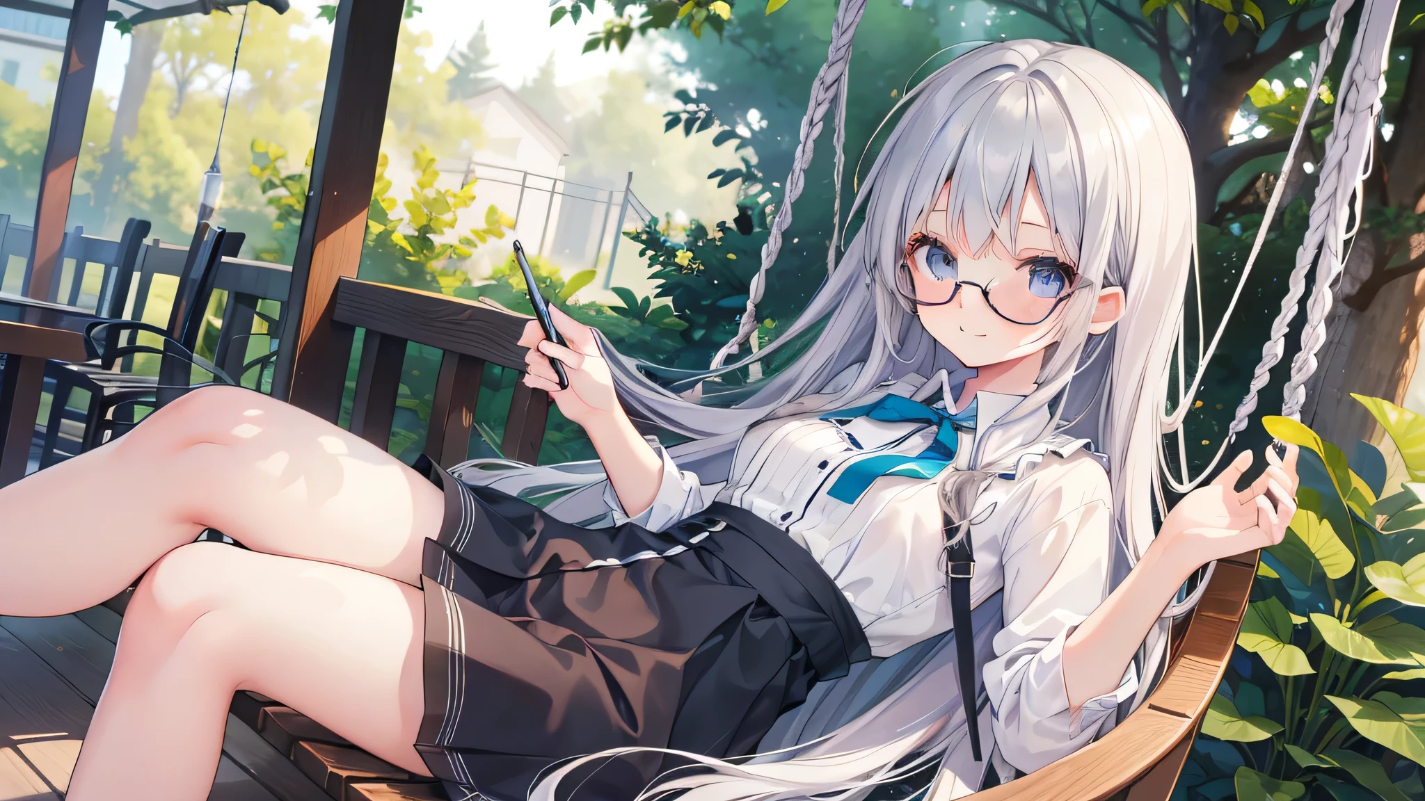 Relaxing in a hanging chair outside a cafe in the woods、High-quality illustrations、Draw the whole body、Glasses、Curly Long Hair、Loose braided hair、She&#39;s in her 20s and has a cute baby face.、Small breasts、Cute clothes、Inside a stylish cafe、smile、Draw women slightly larger、Beautiful breasts、Baby Face、skirt、A little sheer underwear、Silver Hair、Grey Hair、Slim body、Watery eyes、Looking this way, he is happy.、I&#39;m not wearing anything on my head、Ahoge、丸くBeautiful breasts、smile、Cleavage、Messy Hair、Plump thighs、Absolute area、Highest quality, Very detailed, Attention to detail, masterpiece:1.2,