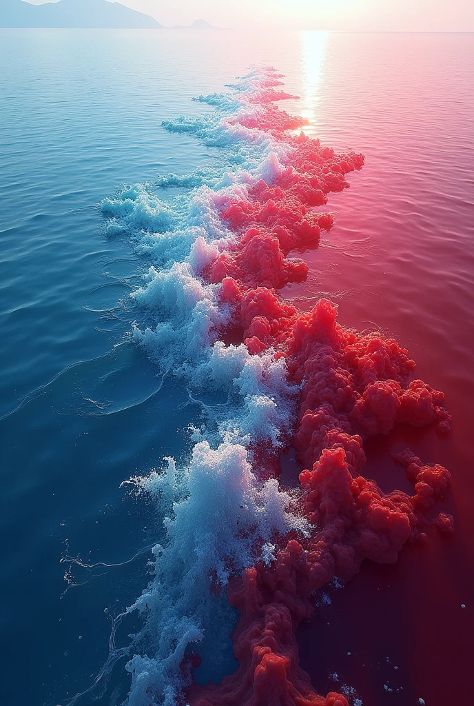 Draw a picture where water from one side of an ocean and red liquid from the other side are mixed together.