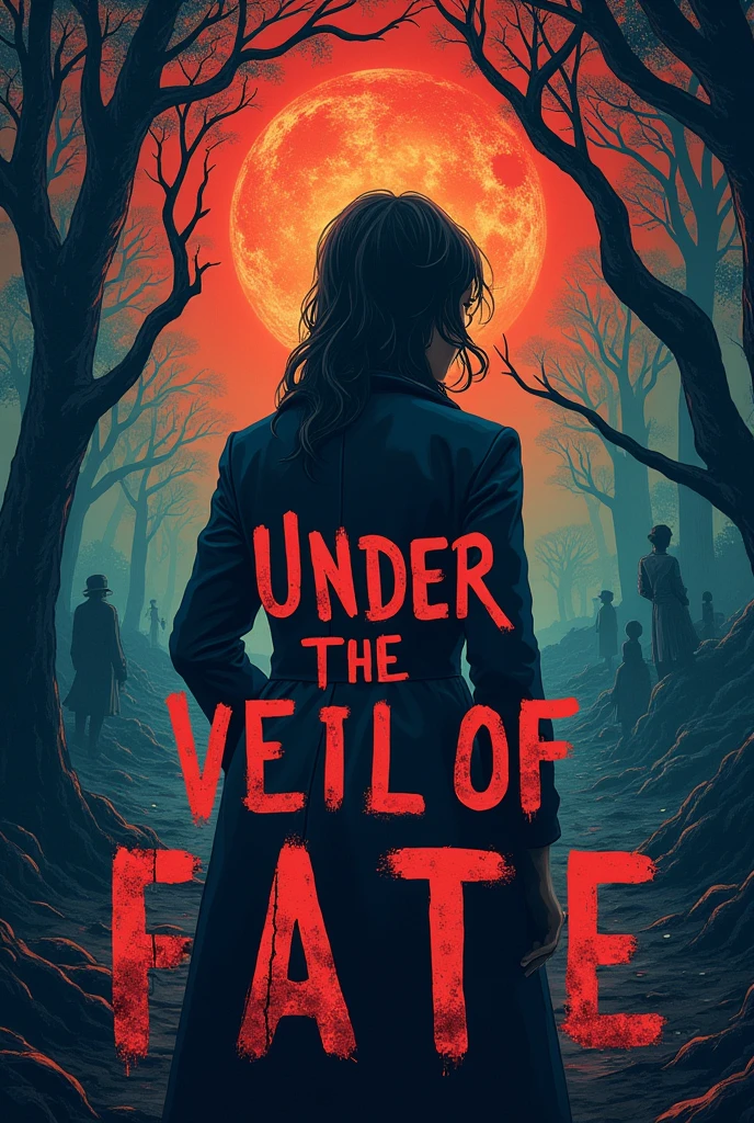 Create a book cover, with the name "Under the veil of fate" which tells the story of a detective and a doctor who is secretly a killer., and she loses it by heart, and the detective pretends to be her husband, but ends up really falling in love with her, In Portuguese Brazil