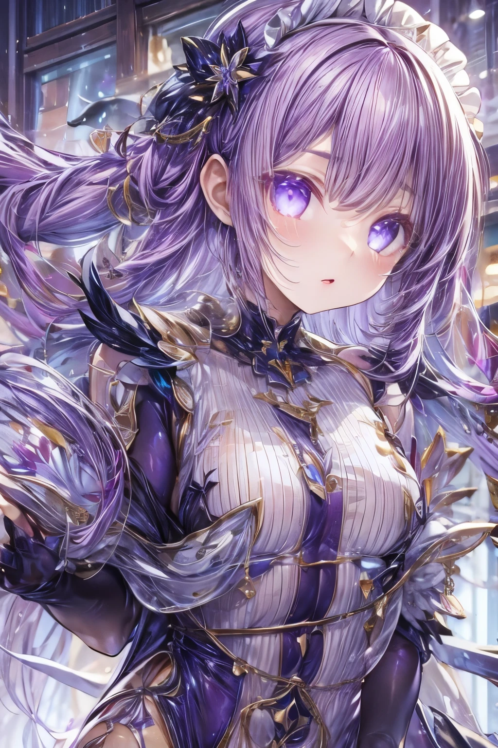 High resolution, masterpiece, Highest quality, Textured skin, Plump Skin、Glowing Skin、One person、Only one person、Rubber Suit、Full Body Tights、Tight fitting clothes、Small breasts、lure、Heterochromia iridis、Odd Eye、Maid clothes、Purple Hair