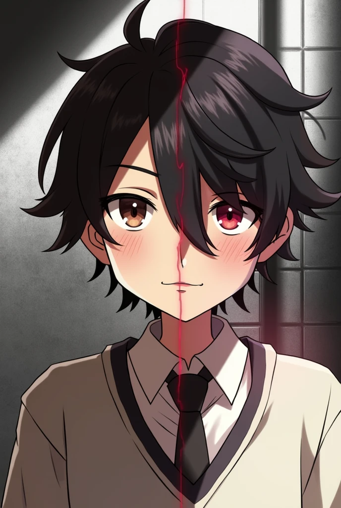(score_9,score_8_up,score_7_up,score_6_up,score_5_up,score_4_up),A man, A boy, split into two halves: The left half could represent Kaito in the real world - a gloomy-looking young man, in a school uniform, surrounded by shadows and a melancholic expression. The right half could show Eclipse, his avatar in Lord-Leyends - a heroic and powerful figure, surrounded by light and the game's fantastical elements.