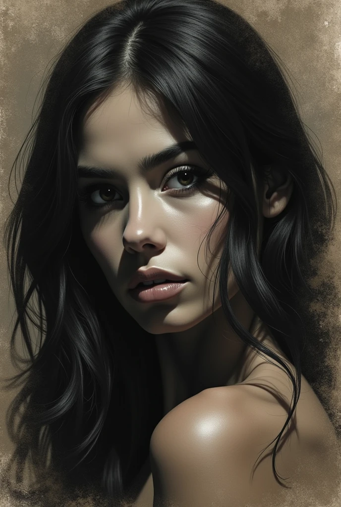 Close up portrait of a Latina, face tilted, open mouth, sultry expressive expression, long wavy hair, expressive eyes, melancholic, dynamic light, shadow play, detailed, realism, weathered background , og feel, vintage feel, hybrid art, painterly, charcoal drawing meets hyperrealism