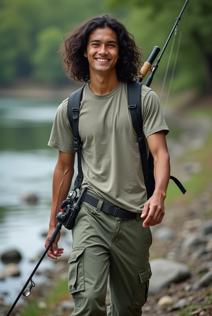 Photography of a 20 year old Asian guy with long curly hair wearing a t-shirt, long pants, boots, carrying fishing equipment