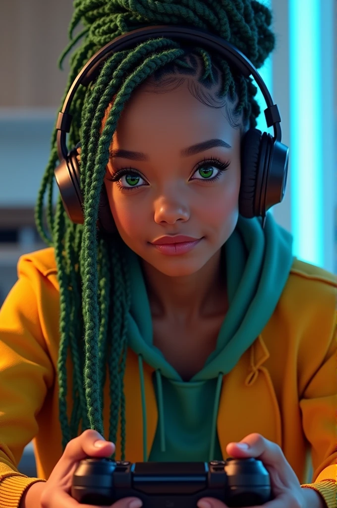 Chic gamer with green eyes... with colored African braids..headphones and play 4 controller in hand