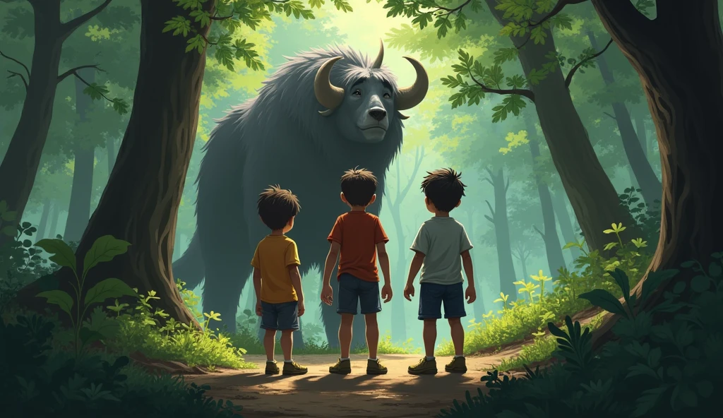 3 boys counter a beast in the forest.