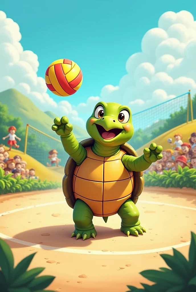 A happy land tortoise playing volleyball cartoon