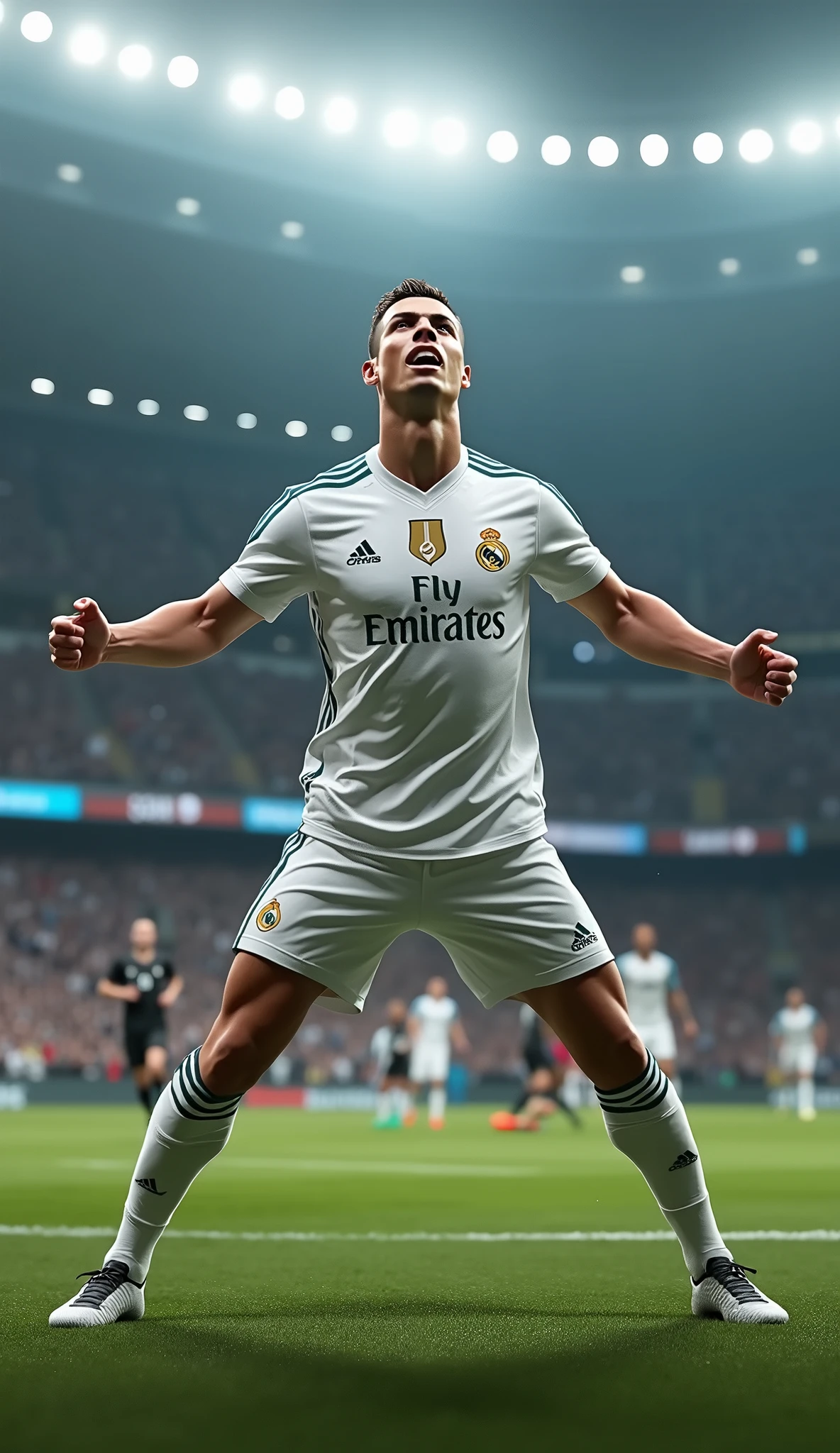 Photorealistic, 64K, A realistic christiano ronaldo [wearing real madrid soccer jersey number 7] standing up celebrating his iconic celebration goal, both his leg opened wide, and he also opened wide his arm, in stadium background