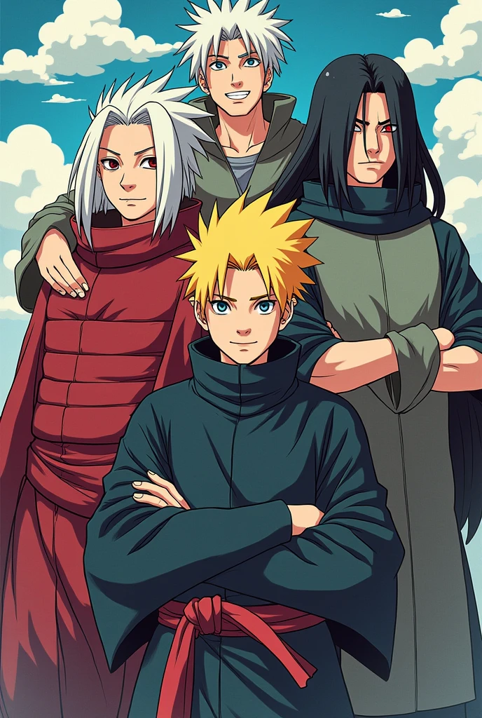 Comics, 5 older konoha hokages, Tobirama, smiling Hashirama, Minato with yellow hair, stern madara, cool, detailed