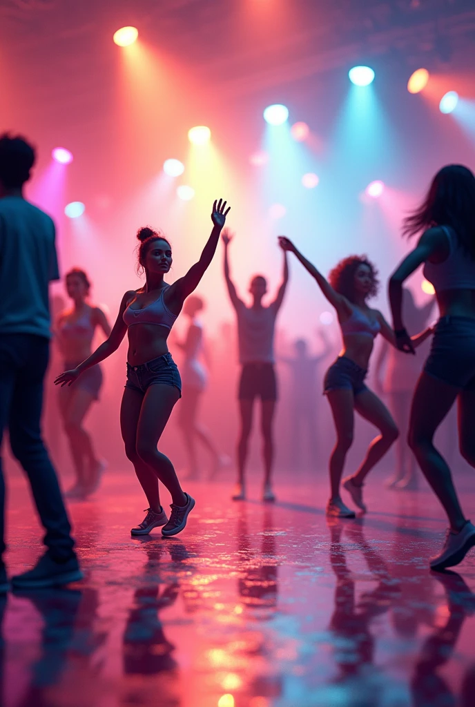 Picture a dance floor at a party where people are moving around freely but are still close enough to interact easily. The dancers represent the particles in a liquid, flowing past each other but staying close together. They have more freedom of movement compared to solids. Animated and simple
