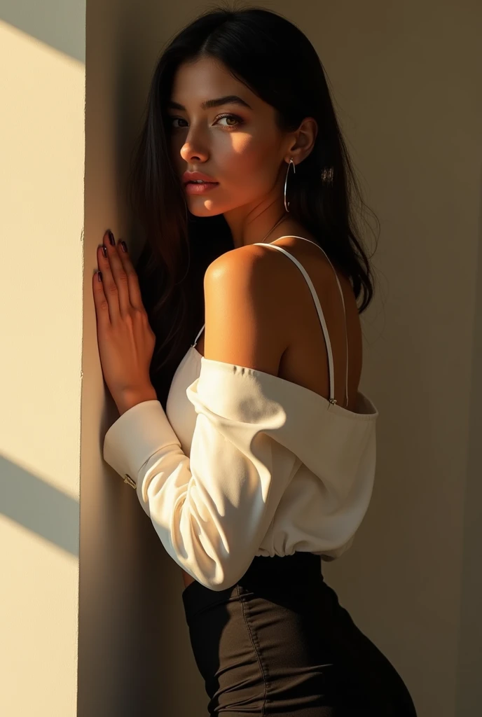 Attractive Italian female model with long straight black hair, 2, hairy, left shoulder leaning against the wall, (white satin blouse: 0.8), (black pants: 0.9), (white satin men's suit: 0.95) beautiful soft lighting, (color  warm: 0.6), 3 studio lighting points,