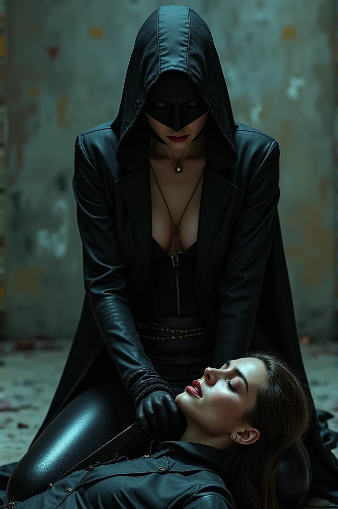 Sexy masked female assassin tortures her prey