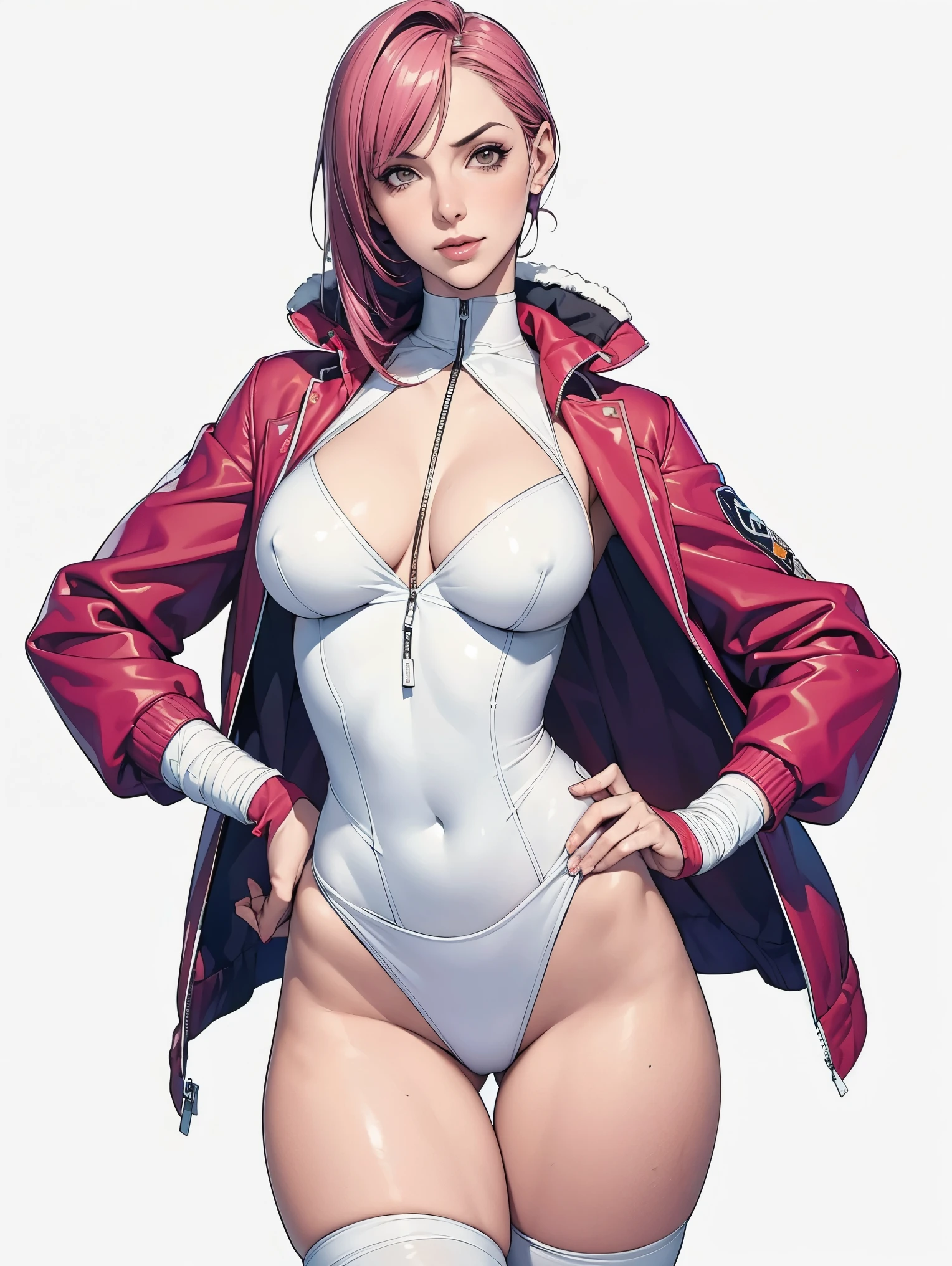 (((Annie Lennox))), (((colorful suit))), (scars), (((bandaged arms))), (((colorful clothes))) (( hood)), (((best quality: 1.4))), (Unbeatable masterpiece), (hyper HD),(CG 8k hyper-realistic), beautiful face, (((breasts big))), (((hyper feminine))), sexly girl, ((round face)), black tattoo,(ultra short red hair with white highlights)), ((( sculptural body ))), (((1 Kizi))), Kizi tatuada de 25 anos com perfect body, perfect hands, perfect fingers ,Beautiful and well-groomed face, (round face), muscular body:1.2,solid color detailed jacket, (Head to thigh photos), Complex equipment, ,Tight clothes,With white stars and off-white stripes,,,,,Armor Metal Electronic Parts, Poison tattoos ) INFO, Kizi, (((standing alone))), , 24歳, sexy, pose de attitude, work of art, dancing, ((slight smile)), post-apocalypse, (((manga style))), bounty hunter, the way you want, perfect body, roupa moderna, advanced technology, white, yellow accent, black, red accent, fur collar jacket, sleeves with vertical striped pattern, background city, (( cowboy shot )). intricate visual, narrow waist, (((wide hips))), wide hips, fit thighs, (((thigh gap))), Thigh gap, background shows a futuristic airplane, open expression, expression happy
