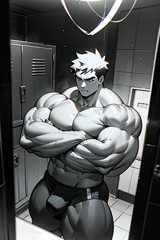 Ash Ketchum from Pokémon anime as a grown up big dumb muscular bodybuilder jock in a locker room flexing and staring blankly under hypnosis with his mouth hanging open as he repeats, "Bigger... Dumber.... Must obey.... More like a jock bro every day.... Yes, Coach. I obey. Huhuhuhuh...." in a deep mindless emotionless voice with his fellow hypnotized jocks to forget about Pokémon training and focus instead on training his own body and obeying his coach. Hyper swollen bulging crotch. Hyper muscles. Toned muscles. 5% body fat. Big biceps. Big triceps. Broad shoulders. Big traps. Big lats. Big meaty pecs. Massive deltoids. Six-pack abs. Spherical glutes. Brainwashing. Hypnosis. Hypnotized. Bro. IQ drain. Dumber and dumber. Meathead. Musclehead. Mindless. Hypno. Mind control. Brain drain. Entranced.