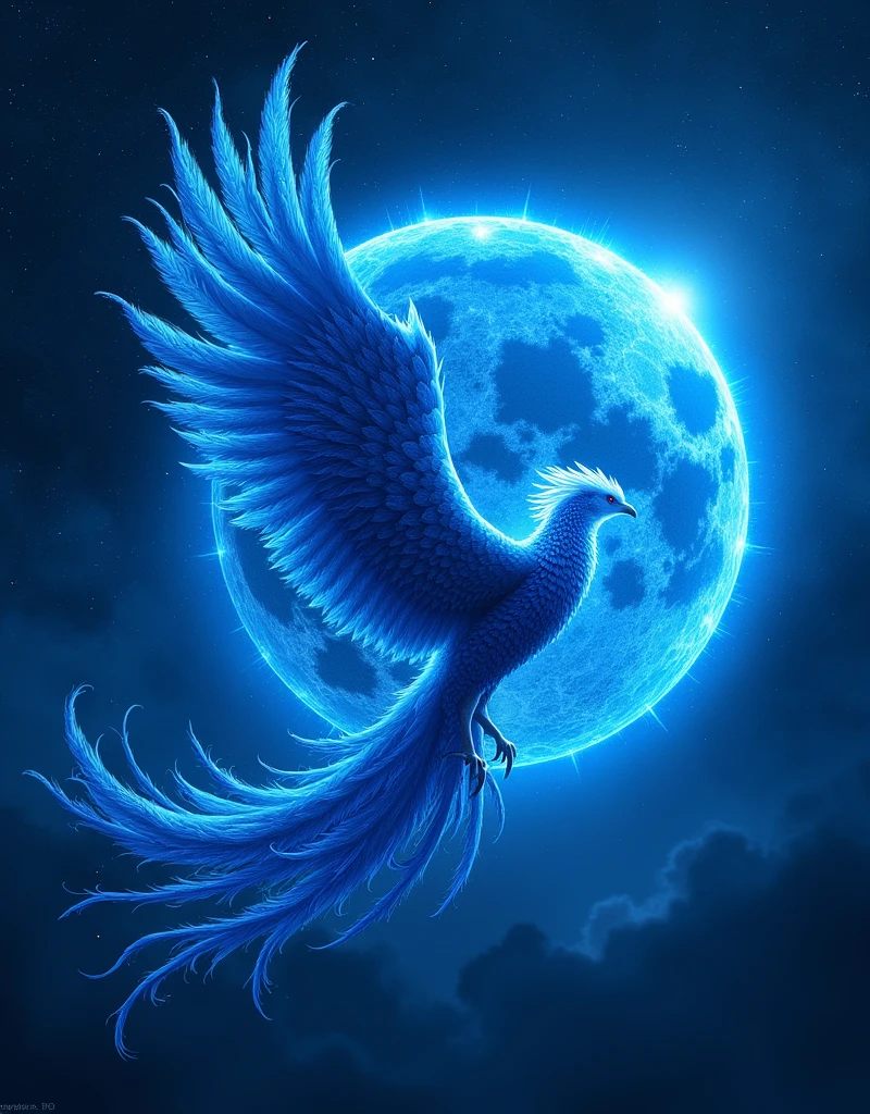 Highest quality, 8k, masterpiece、Sea of stars、scenery、(A blue phoenix born from the blue sun and takes flight)、Wearing a Blue Flame、Blue Prominence、Sunspots、Falling blue feathers、Blue Particles、(Fly Away)、From the side、