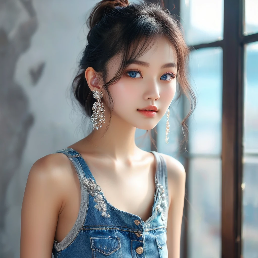 8K,an extremely delicate and beautiful,Beautiful and realistic skin,whole body,standing,beautiful girl,fashion model,Shiny jewel-like earrings,like glitter hair,beautiful blue eyes,tanktop,jeans,fashion model posing,beautiful asian girl