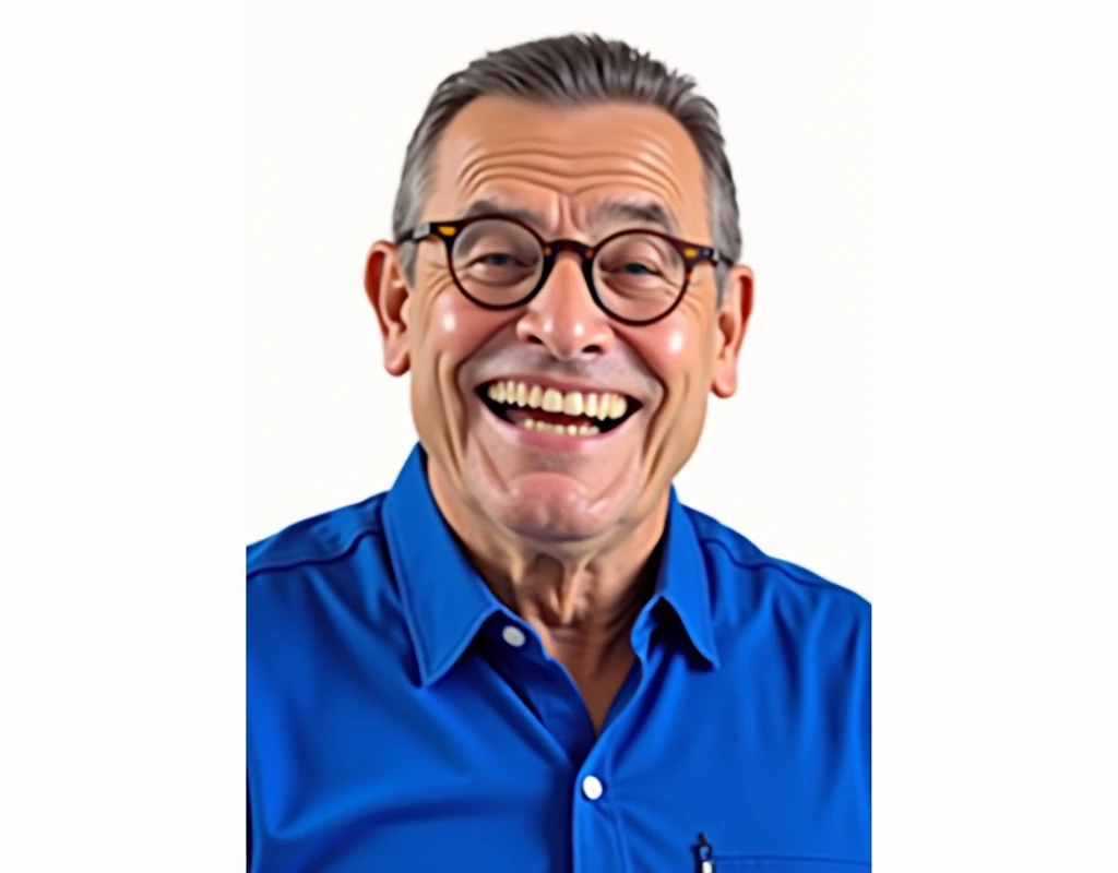 a close up of a man wearing a blue shirt, old man, 6, laughing