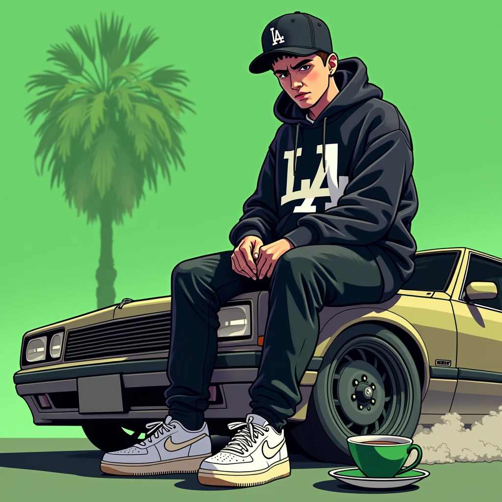 Image of a man sitting on the bonnet of a car, Yoshihiko Wada's album cover, winner of the behance contest, Doodle, official artwork, rap album cover, hip - hop album art cover, colored album art, hip hop music album cover, rap album cover art, official fanart, GTA Cover, hip hop album cover, album art cover, cartoon, The Disgruntled Boy, Running car, Green background, green tea, Deep pressed black LA ball cap, white nike shoes, Black LA Hoodie