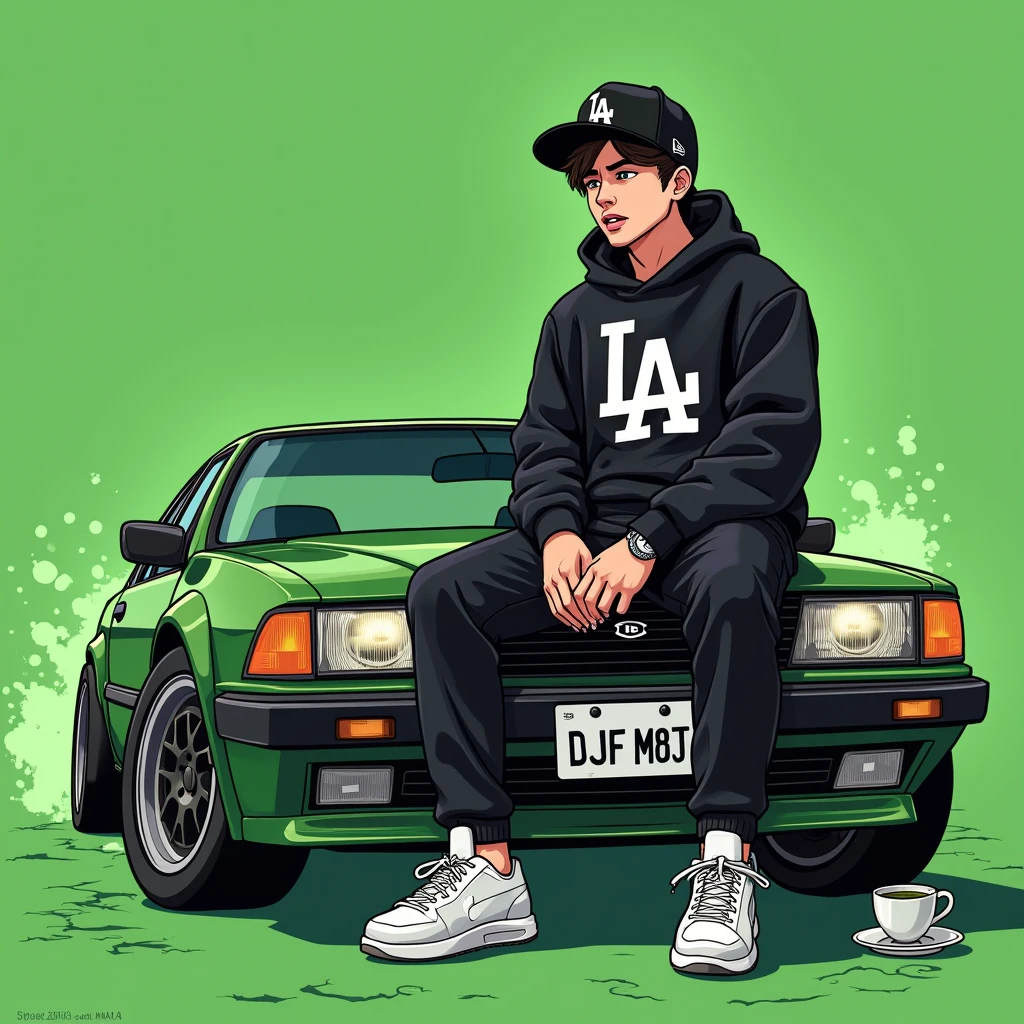 Image of a man sitting on the bonnet of a car, Yoshihiko Wada's album cover, winner of the behance contest, Doodle, official artwork, rap album cover, hip - hop album art cover, colored album art, hip hop music album cover, rap album cover art, official fanart, GTA Cover, hip hop album cover, album art cover, cartoon, The Disgruntled Boy, Running car, Green background, green tea, Deep pressed black LA ball cap, white nike shoes, Black LA Hoodie