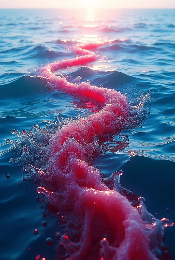 Draw a picture where water from one side of an ocean and red liquid from the other side are mixed together.