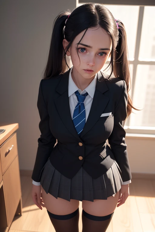 1girl, beautiful young woman, long black hair, twin tails, blue blazer uniform, tie, tight skirt, knee socks, standing in anatomy club room, gazing at viewer, sweet expression, human body drawings on blackboard, (best quality,4k,8k,highres,masterpiece:1.2),ultra-detailed,(realistic,photorealistic,photo-realistic:1.37),anatomy,scientific,precise,hyper-realistic,intricate details,vivid colors,cinematic lighting,volumetric lighting,depth of field,photo-realistic rendering