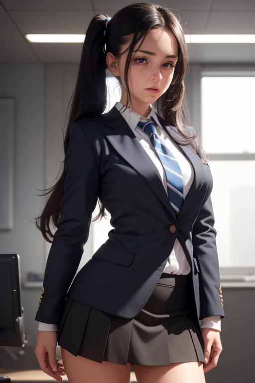 1girl, beautiful young woman, long black hair, twin tails, blue blazer uniform, tie, tight skirt, knee socks, standing in anatomy club room, gazing at viewer, sweet expression, human body drawings on blackboard, (best quality,4k,8k,highres,masterpiece:1.2),ultra-detailed,(realistic,photorealistic,photo-realistic:1.37),anatomy,scientific,precise,hyper-realistic,intricate details,vivid colors,cinematic lighting,volumetric lighting,depth of field,photo-realistic rendering
