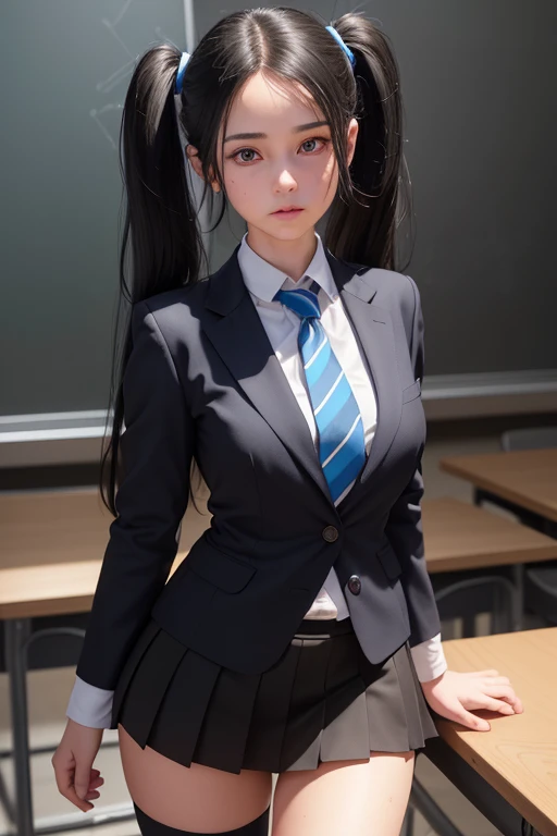 1girl, beautiful young woman, long black hair, twin tails, blue blazer uniform, tie, tight skirt, knee socks, standing in anatomy club room, gazing at viewer, sweet expression, human body drawings on blackboard, (best quality,4k,8k,highres,masterpiece:1.2),ultra-detailed,(realistic,photorealistic,photo-realistic:1.37),anatomy,scientific,precise,hyper-realistic,intricate details,vivid colors,cinematic lighting,volumetric lighting,depth of field,photo-realistic rendering