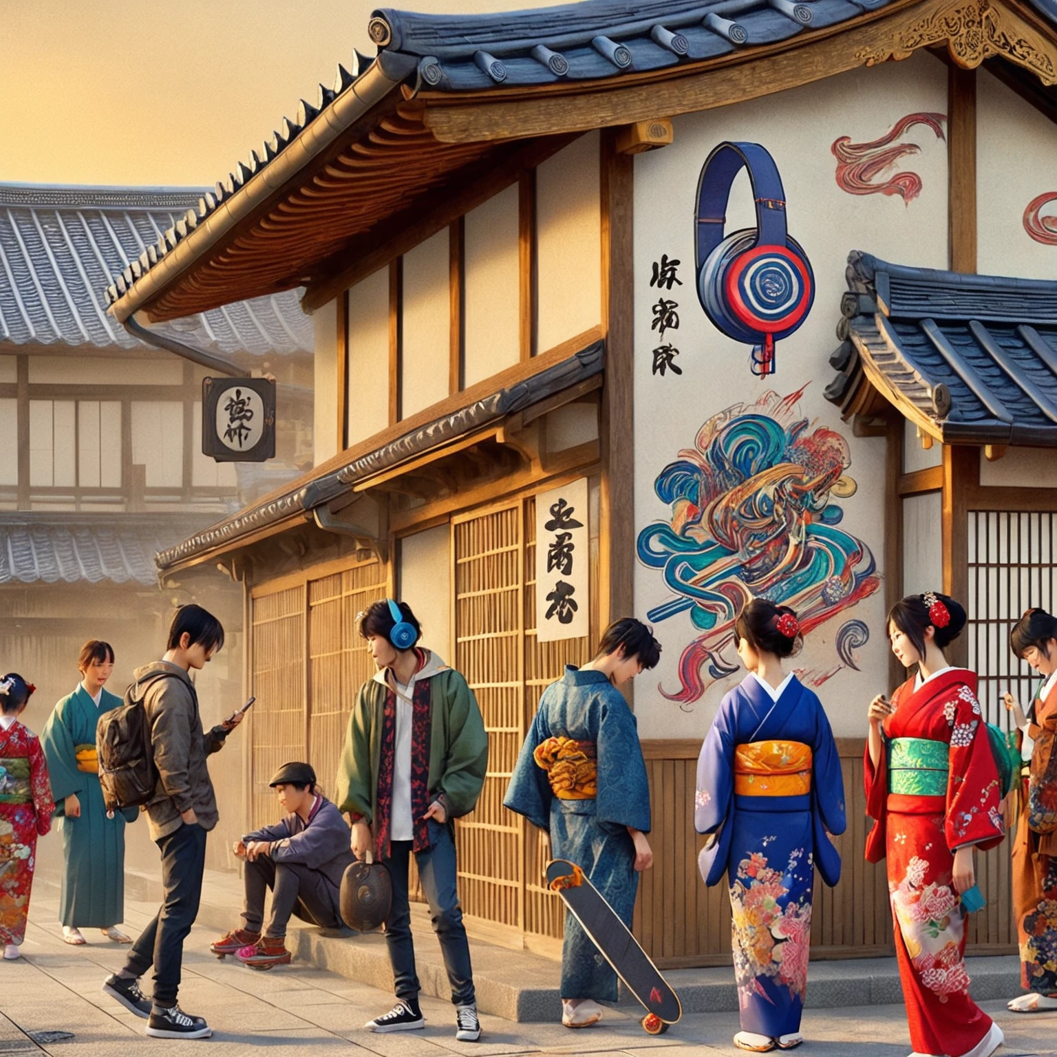 People in kimono々is walking down the street in front of the building, Japan Streets, Japanese Street, Japanese cities, Traditional Japanese concept art, Japanese art style, Japanese Village, Or Japan, Japonisme 3d 8k ultra detailed, feudal japan art, Colorful Fox City, or period, Inspired by Kyoto, Pop Japonism 3d Ultra Detailed